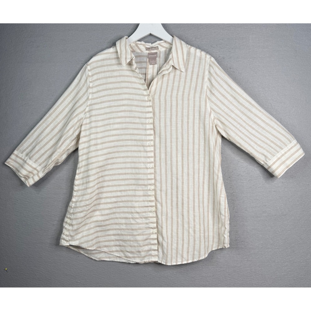 Chico's Linen Button Down Top Womens Sz 2 L Neutral Stripe No Iron 3/4 Sleeve